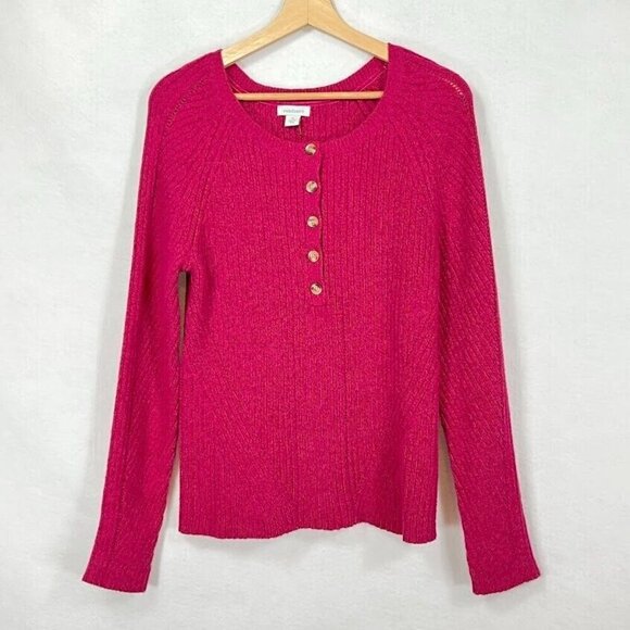 Sundance Ribbed Henley Long Sleeve Pull Over Silk Blend Sweater Size Med Magenta - Picture 1 of 4
